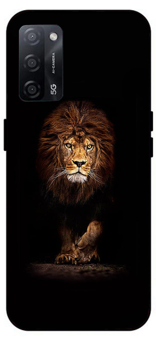 Lion Design Printed Unbreakable Metal Back Case Mobile Cover with 4 Side Protection and Soft TPU Sides for Oppo A53s 5G