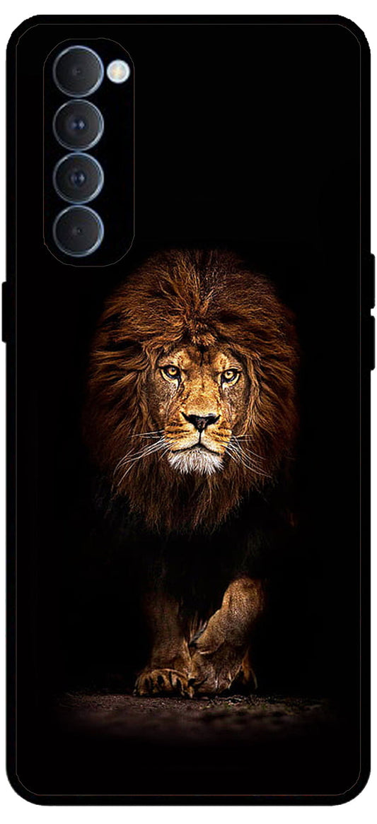 Lion Design Printed Unbreakable Metal Back Case Mobile Cover with 4 Side Protection and Soft TPU Sides for RENO4 PRO