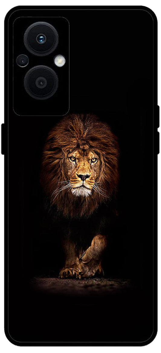 Lion Design Printed Unbreakable Metal Back Case Mobile Cover with 4 Side Protection and Soft TPU Sides for OPPO F21 PRO 5G