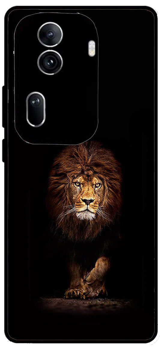 Lion Design Printed Unbreakable Metal Back Case Mobile Cover with 4 Side Protection and Soft TPU Sides for Oppo Reno 11 pro