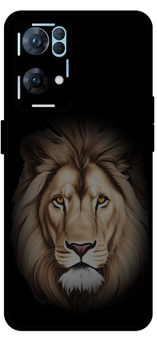 Lion Brown Printed Unbreakable Metal Back Case Mobile Cover with 4 Side Protection and Soft TPU Sides for Oppo Reno 7 Pro 5G