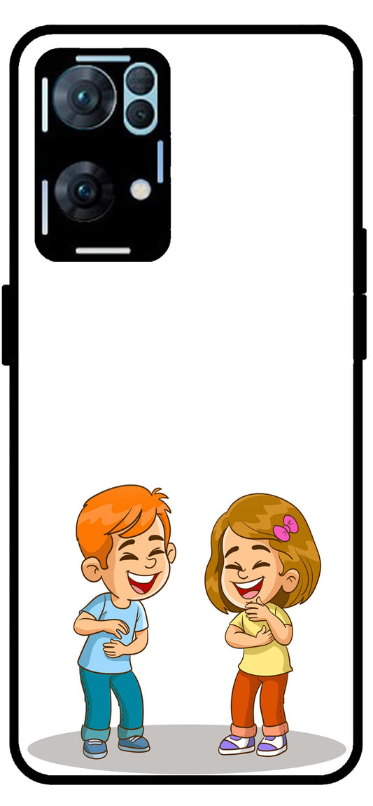 Couple Smiling Unbreakable Metal Back Case Mobile Cover with 4 Side Protection and Soft TPU Sides for Oppo Reno 7 Pro 5G