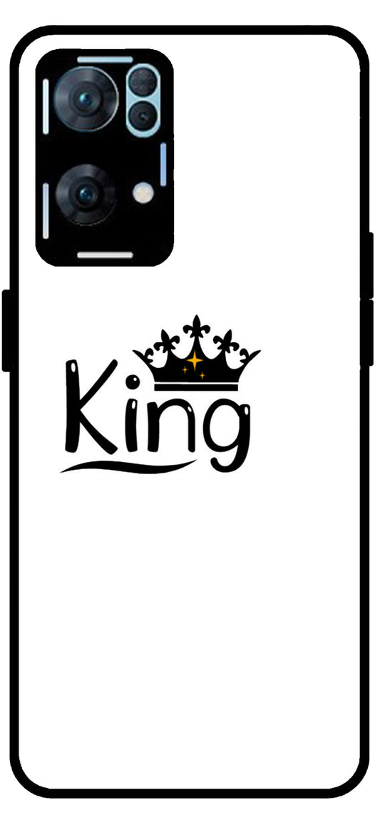 King Printed Unbreakable Metal Back Case Mobile Cover with 4 Side Protection and Soft TPU Sides for Oppo Reno 7 Pro 5G