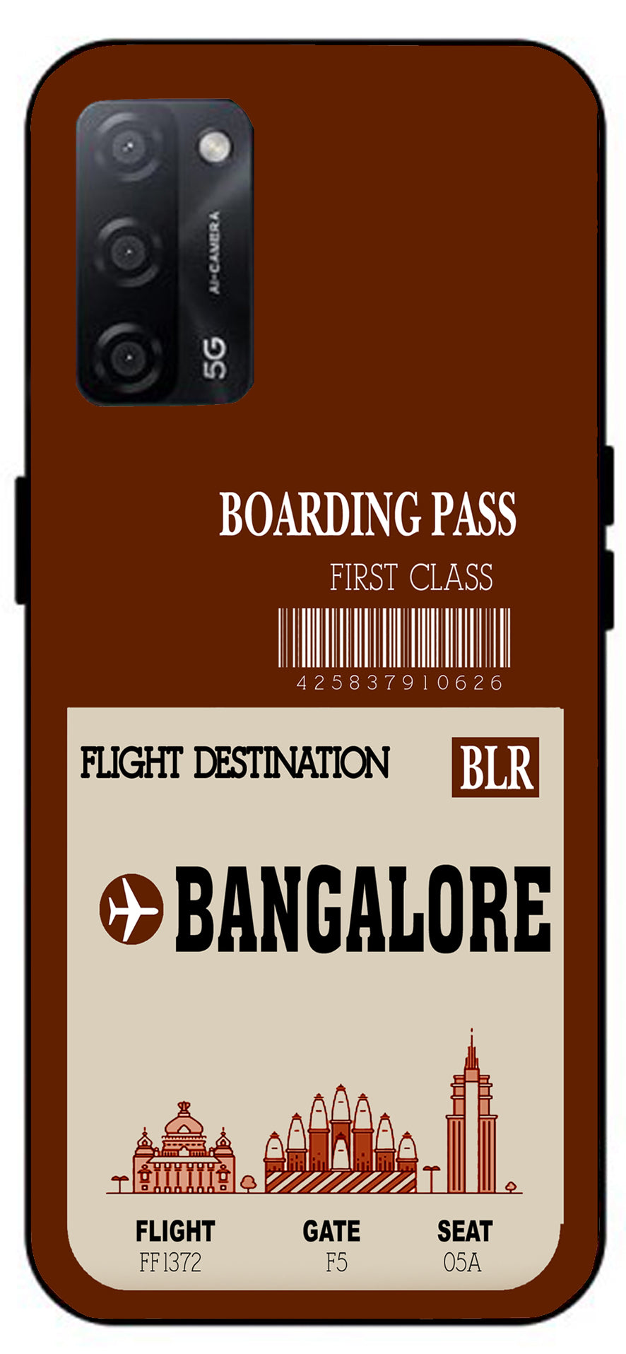 Bangalore Boarding Pass Unbreakable Metal Back Case Mobile Cover with 4 Side Protection and Soft TPU Sides for Oppo A53s 5G