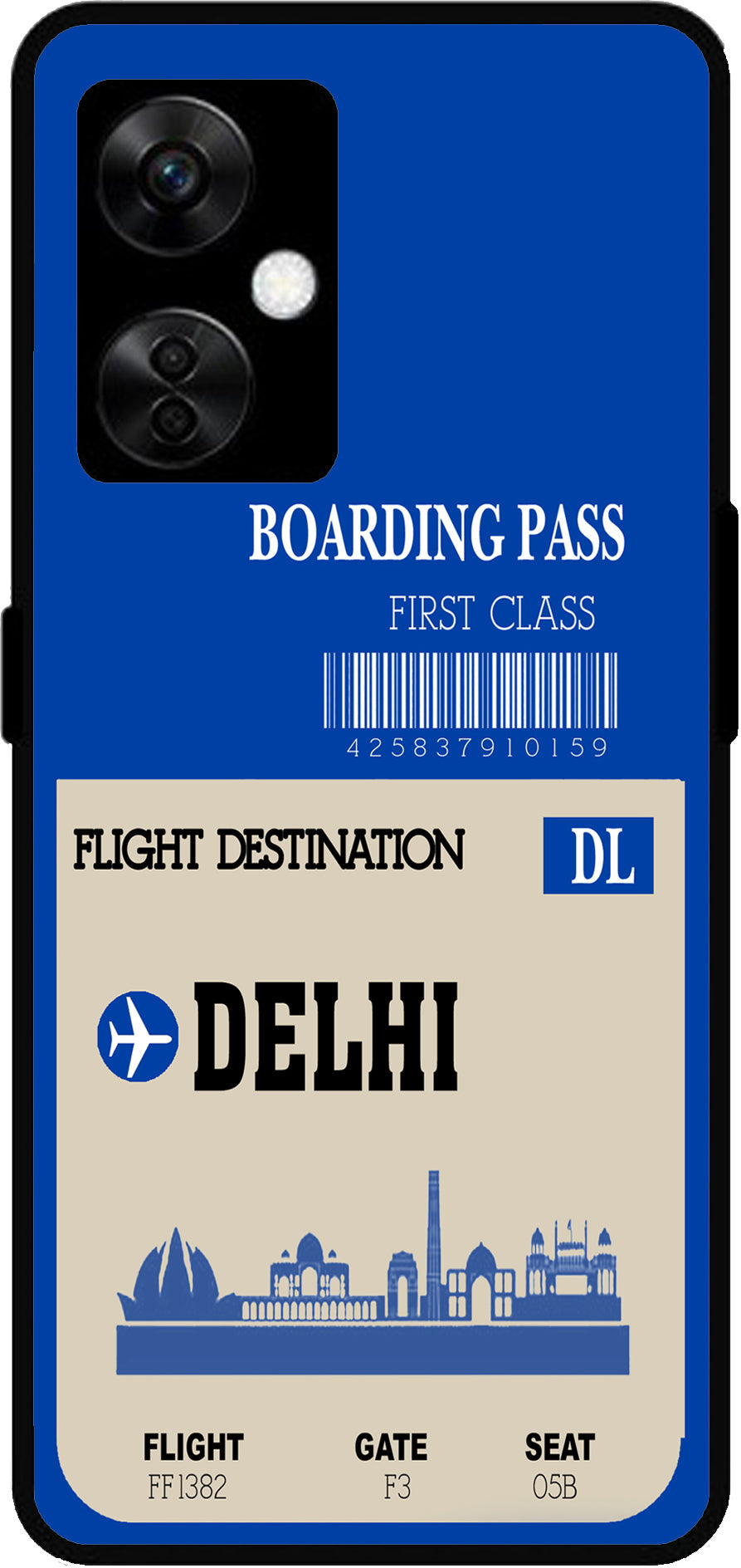 Delhi Boarding Pass Unbreakable Metal Back Case Mobile Cover with 4 Side Protection and Soft TPU Sides for OnePlus Nord CE3 Lite