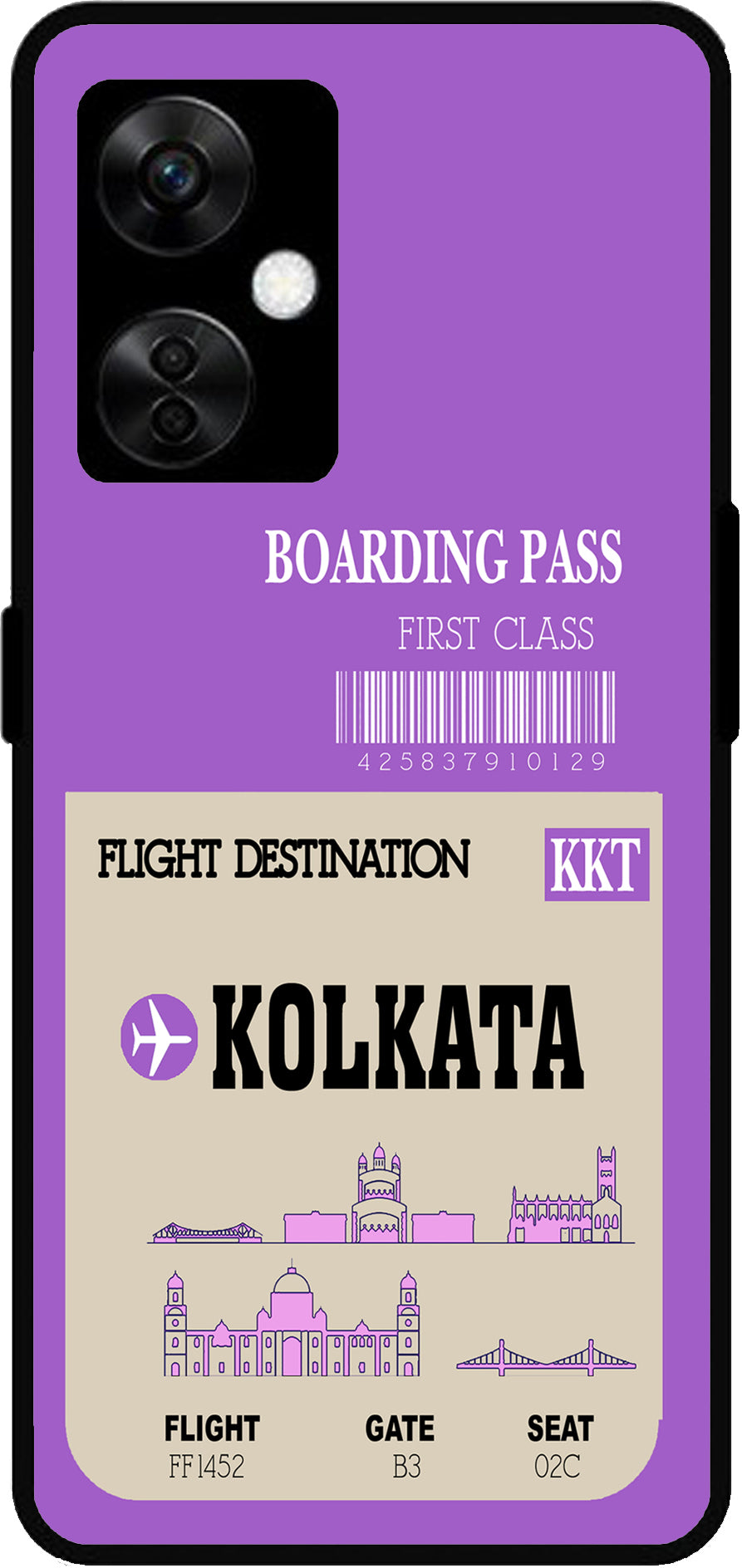 Kolkata Boarding Pass Unbreakable Metal Back Case Mobile Cover with 4 Side Protection and Soft TPU Sides for OnePlus Nord CE3 Lite