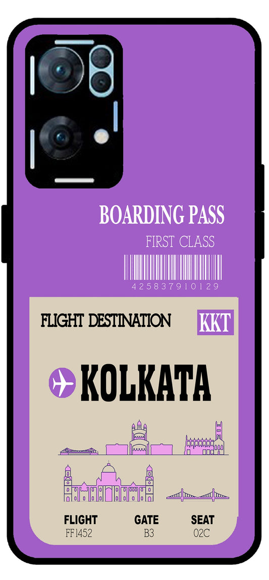 Kolkata Boarding Pass Unbreakable Metal Back Case Mobile Cover with 4 Side Protection and Soft TPU Sides for Oppo Reno 7 Pro 5G