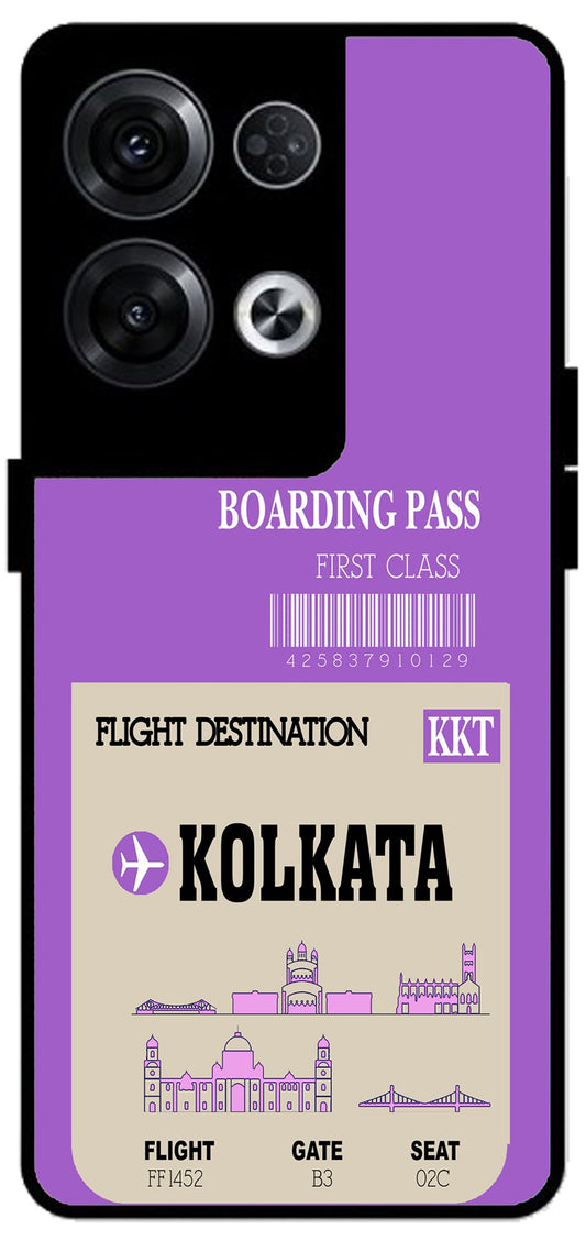 Kolkata Boarding Pass Unbreakable Metal Back Case Mobile Cover with 4 Side Protection and Soft TPU Sides for Oppo Reno 8 Pro 5G 2D