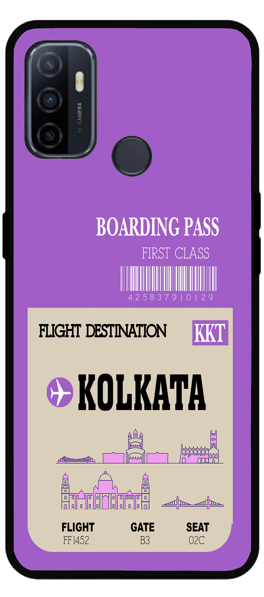 Kolkata Boarding Pass Unbreakable Metal Back Case Mobile Cover with 4 Side Protection and Soft TPU Sides for Oppo A53