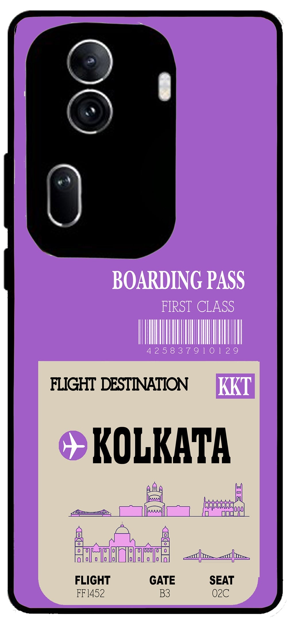 Kolkata Boarding Pass Unbreakable Metal Back Case Mobile Cover with 4 Side Protection and Soft TPU Sides for Oppo Reno 11 pro