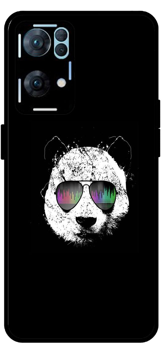 Cute Panda Black Design Unbreakable Metal Back Case Mobile Cover with 4 Side Protection and Soft TPU Sides for Oppo Reno 7 Pro 5G