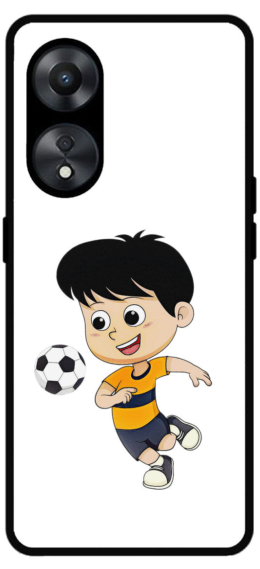 Little Boy Play Football Unbreakable Metal Back Case Mobile Cover with 4 Side Protection and Soft TPU Sides for Oppo a78 5g