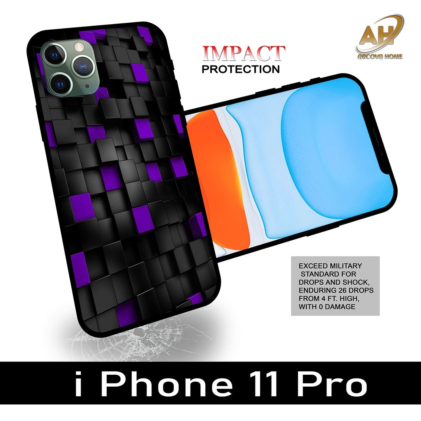 3D Print Box Unbreakable Glass Back Case Mobile Cover with 4 Side Protection and Soft TPU Sides for Apple iPhone 11 pro