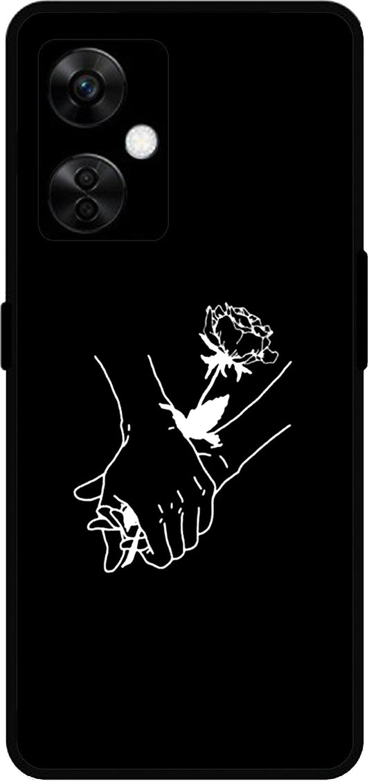 Love Hands Black Unbreakable Metal Back Case Mobile Cover with 4 Side Protection and Soft TPU Sides for OnePlus Nord CE3 Lite