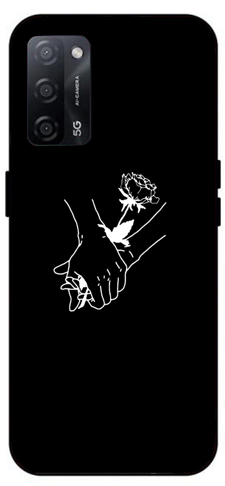 Love Hands Black Unbreakable Metal Back Case Mobile Cover with 4 Side Protection and Soft TPU Sides for Oppo A53s 5G