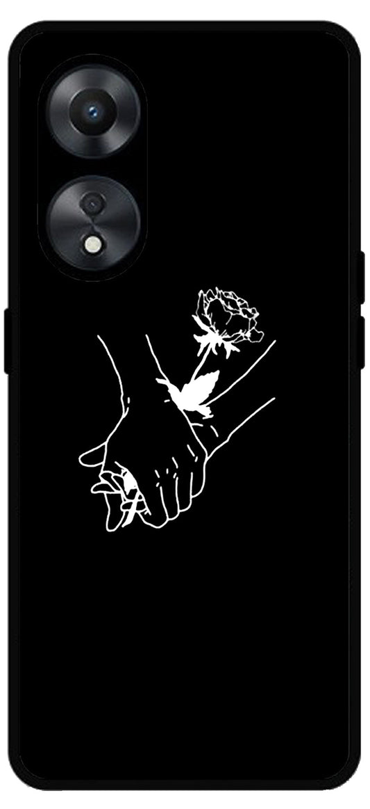 Love Hands Black Unbreakable Metal Back Case Mobile Cover with 4 Side Protection and Soft TPU Sides for Oppo a78 5g