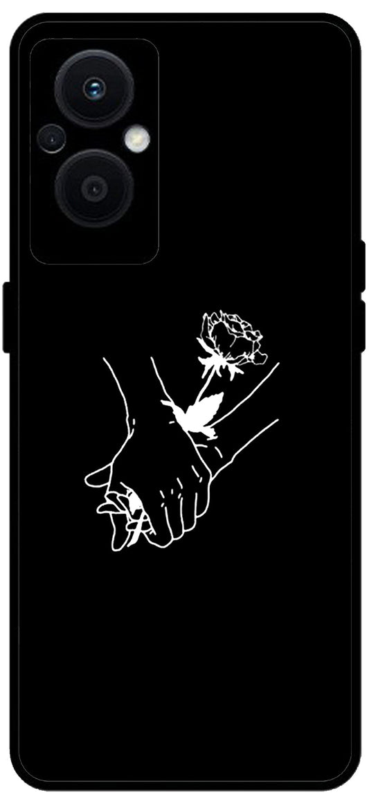 Love Hands Black Unbreakable Metal Back Case Mobile Cover with 4 Side Protection and Soft TPU Sides for OPPO F21 PRO 5G