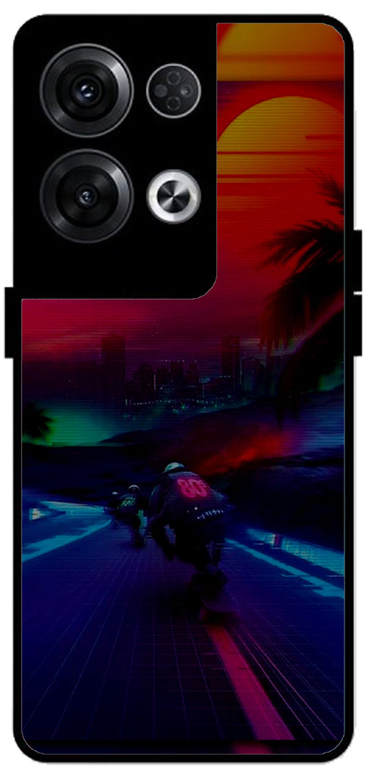 Biker Racing Design Unbreakable Metal Back Case Mobile Cover with 4 Side Protection and Soft TPU Sides for Oppo Reno 8 Pro 5G 2D