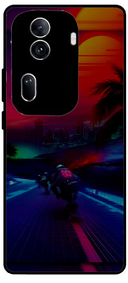 Biker Racing Design Unbreakable Metal Back Case Mobile Cover with 4 Side Protection and Soft TPU Sides for Oppo Reno 11 pro