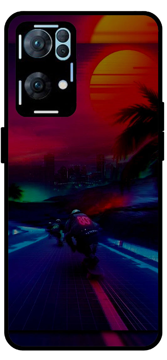 Biker Racing Design Unbreakable Metal Back Case Mobile Cover with 4 Side Protection and Soft TPU Sides for Oppo Reno 7 Pro 5G