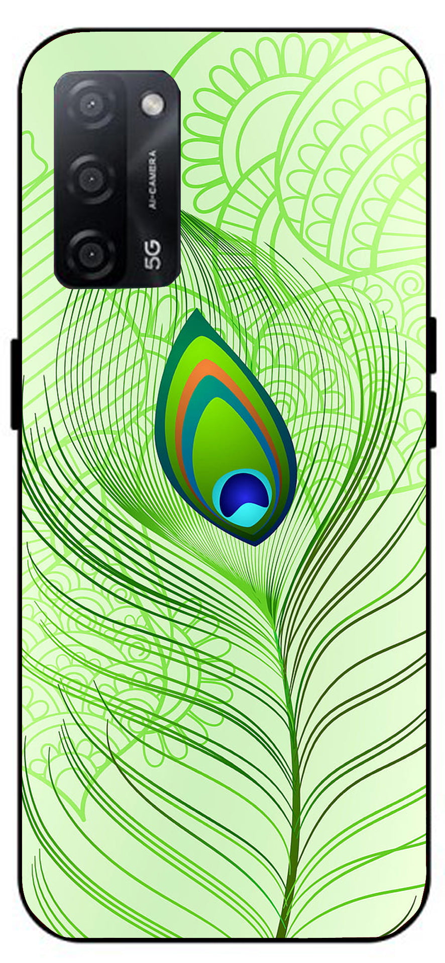 Krishna More Pankh Unbreakable Metal Back Case Mobile Cover with 4 Side Protection and Soft TPU Sides for Oppo A53s 5G