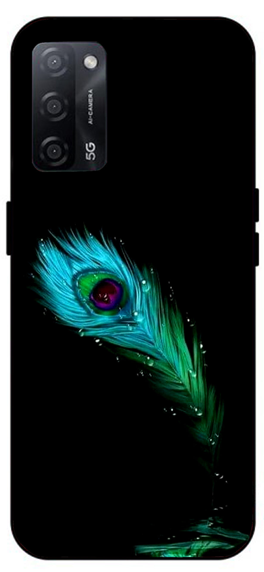 Peacock Art Unbreakable Metal Back Case Mobile Cover with 4 Side Protection and Soft TPU Sides for Oppo A53s 5G