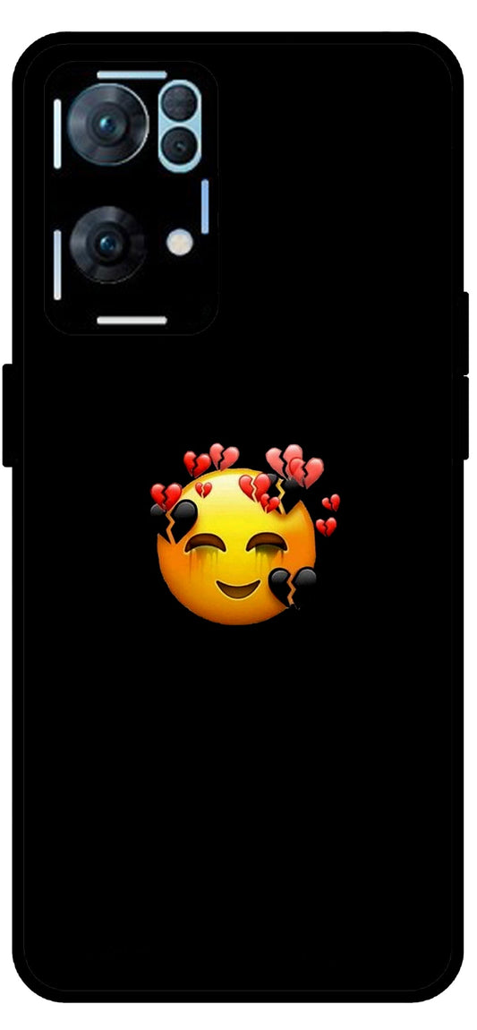 Smile Emoji Unbreakable Metal Back Case Mobile Cover with 4 Side Protection and Soft TPU Sides for Oppo Reno 7 Pro 5G