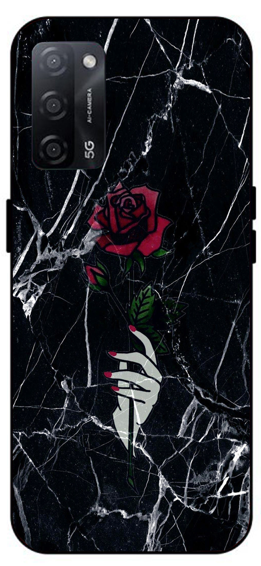 Red Flower Design Unbreakable Metal Back Case Mobile Cover with 4 Side Protection and Soft TPU Sides for Oppo A53s 5G