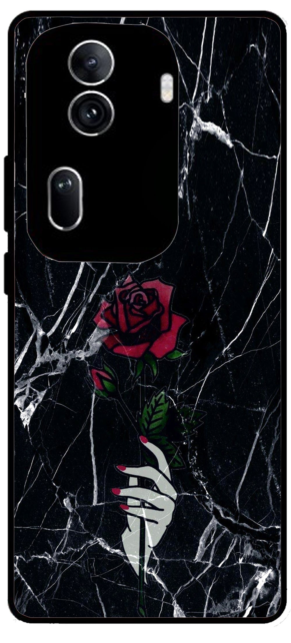 Red Flower Design Unbreakable Metal Back Case Mobile Cover with 4 Side Protection and Soft TPU Sides for Oppo Reno 11 pro