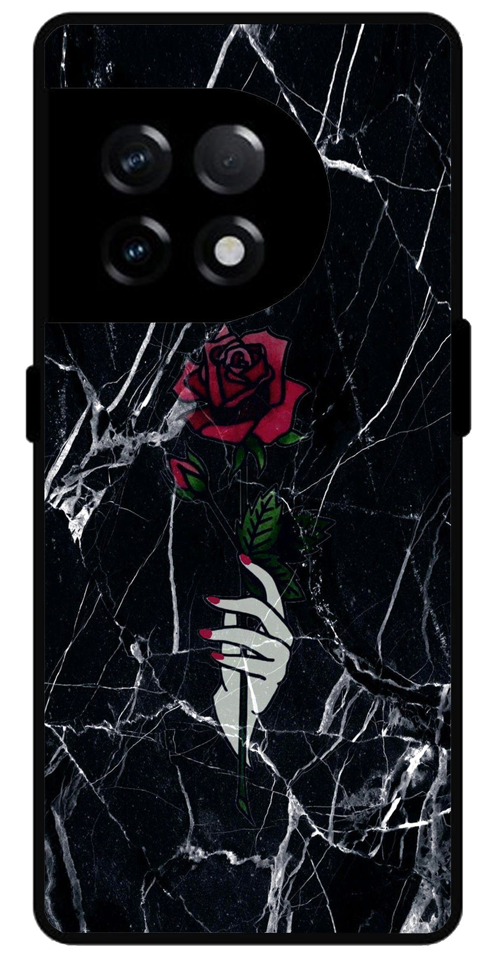 Red Flower Design Unbreakable Metal Back Case Mobile Cover with 4 Side Protection and Soft TPU Sides for OnePlus 11R