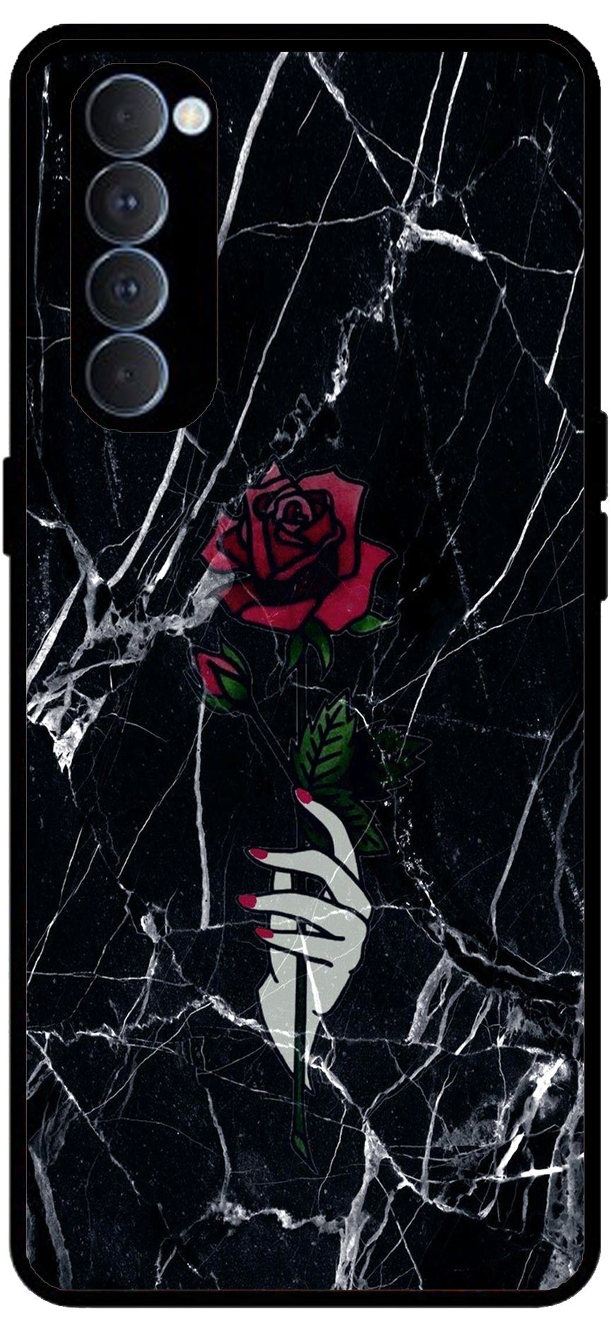 Red Flower Design Unbreakable Metal Back Case Mobile Cover with 4 Side Protection and Soft TPU Sides for Oppo Reno pro