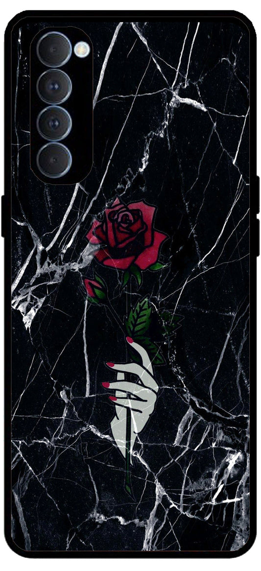 Red Flower Design Unbreakable Metal Back Case Mobile Cover with 4 Side Protection and Soft TPU Sides for Oppo Reno pro