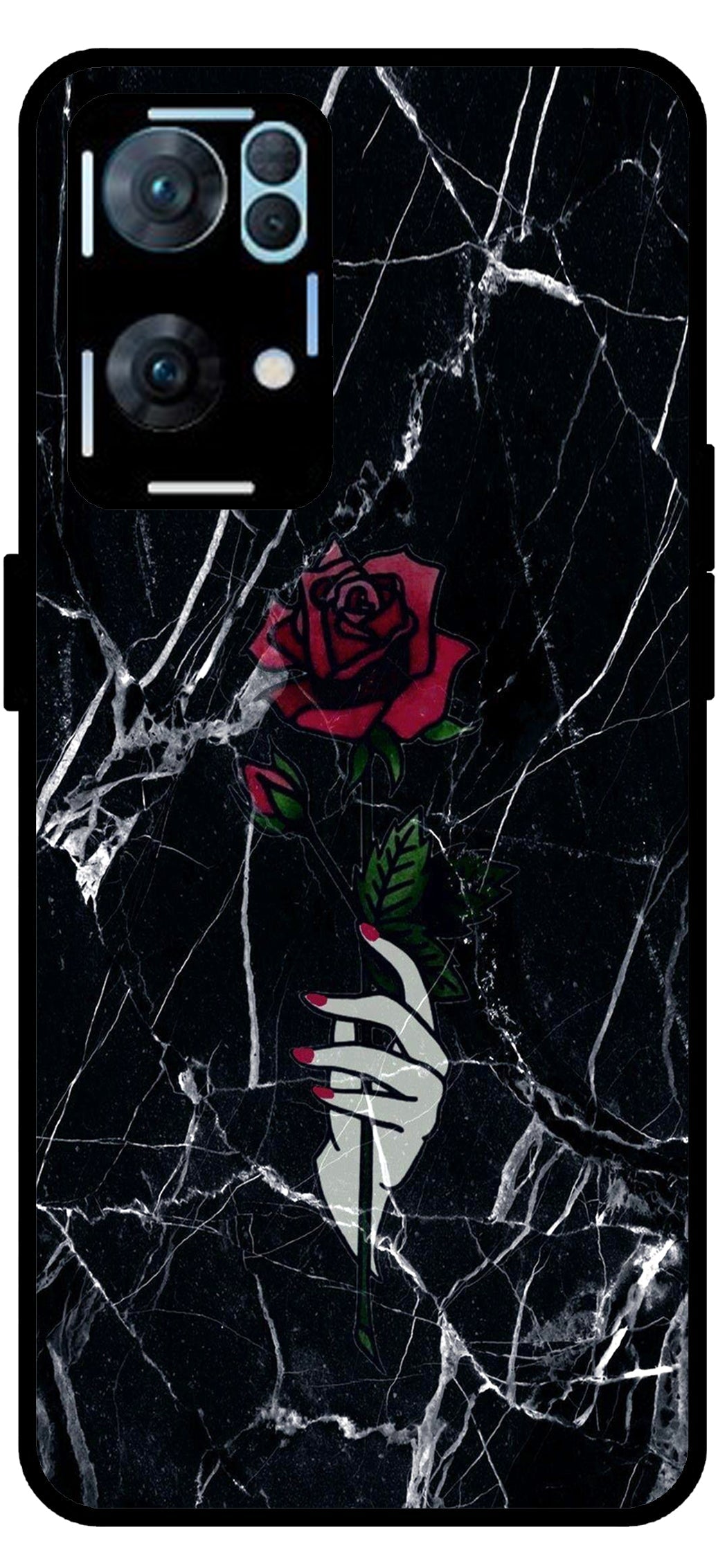 Red Flower Design Unbreakable Metal Back Case Mobile Cover with 4 Side Protection and Soft TPU Sides for Oppo Reno 7 Pro 5G