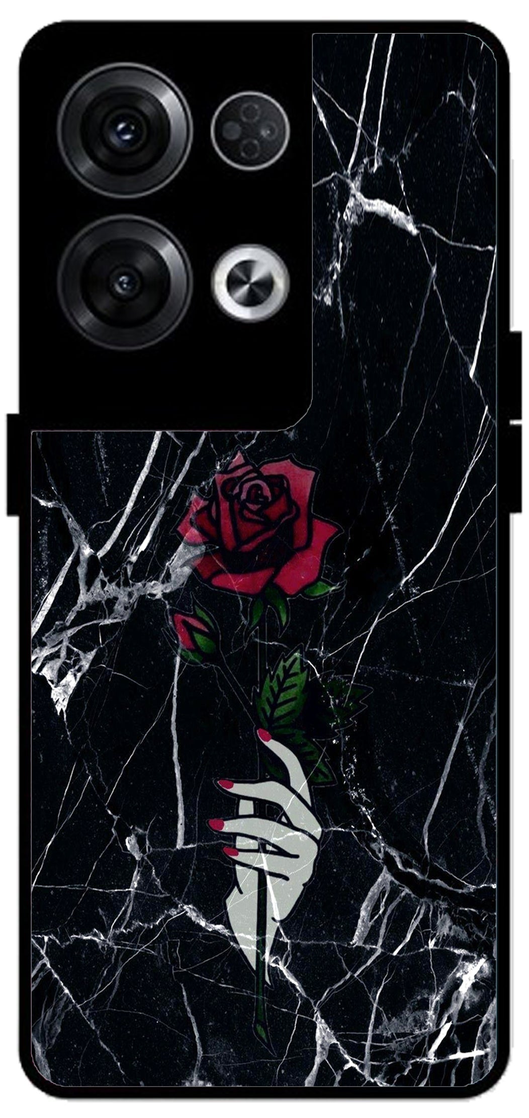 Red Flower Design Unbreakable Metal Back Case Mobile Cover with 4 Side Protection and Soft TPU Sides for Oppo Reno 8 Pro 5G 2D