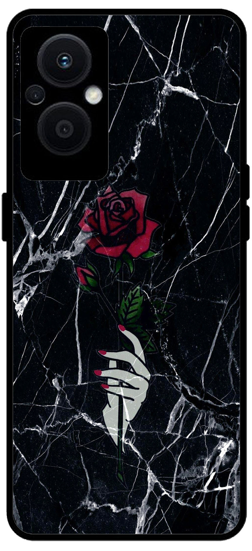 Red Flower Design Unbreakable Metal Back Case Mobile Cover with 4 Side Protection and Soft TPU Sides for OPPO F21 PRO 5G