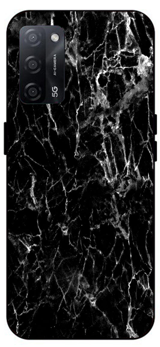 Black Silver Marble Unbreakable Metal Back Case Mobile Cover with 4 Side Protection and Soft TPU Sides for Oppo A53s 5G