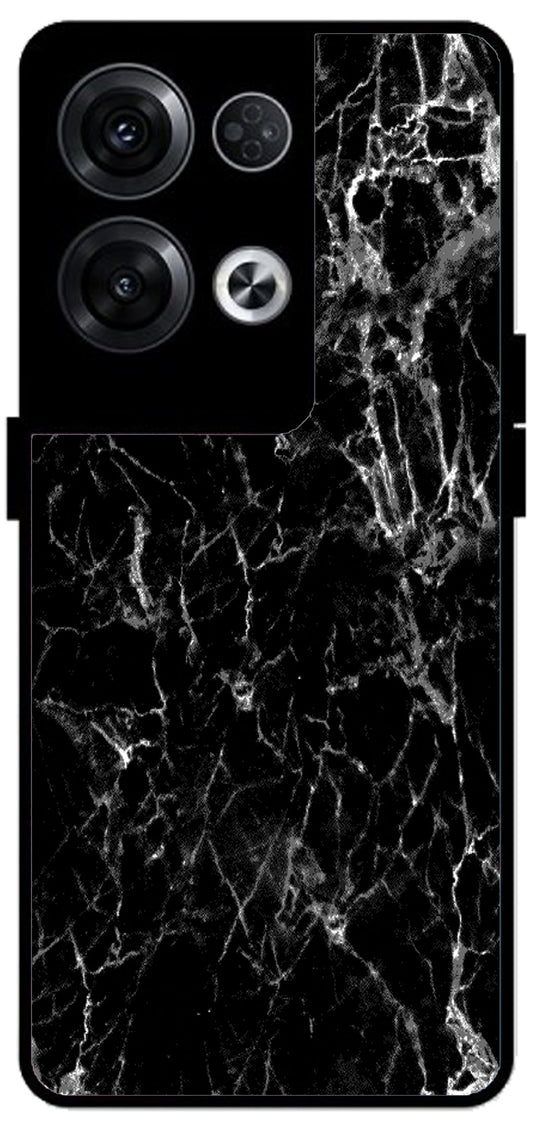 Black Silver Marble Unbreakable Metal Back Case Mobile Cover with 4 Side Protection and Soft TPU Sides for Oppo Reno 8 Pro 5G 2D