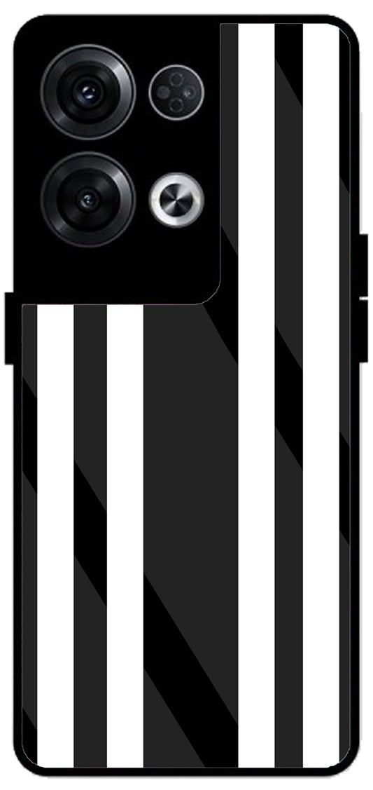 Black White Stripes Unbreakable Metal Back Case Mobile Cover with 4 Side Protection and Soft TPU Sides for Oppo Reno 8 Pro 5G 2D