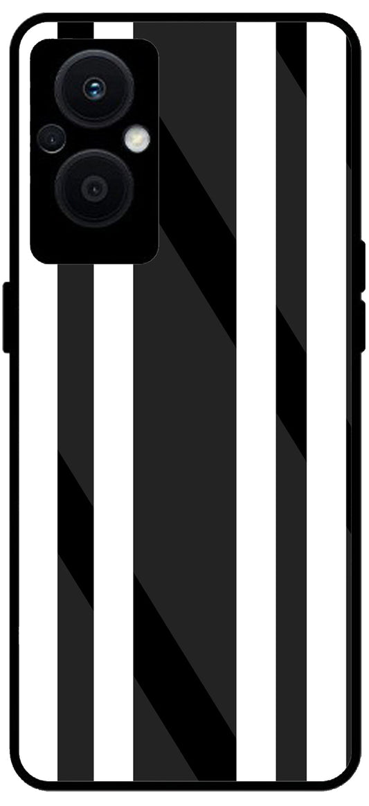 Black White Stripes Unbreakable Metal Back Case Mobile Cover with 4 Side Protection and Soft TPU Sides for OPPO F21 PRO 5G