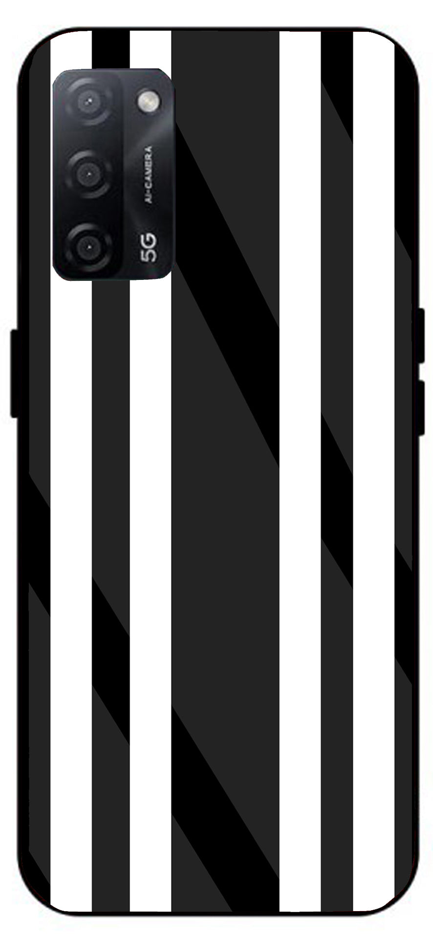 Black White Stripes Unbreakable Metal Back Case Mobile Cover with 4 Side Protection and Soft TPU Sides for Oppo A53s 5G