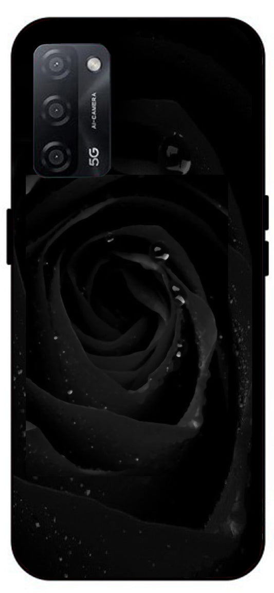 Black Flower Unbreakable Metal Back Case Mobile Cover with 4 Side Protection and Soft TPU Sides for Oppo A53s 5G