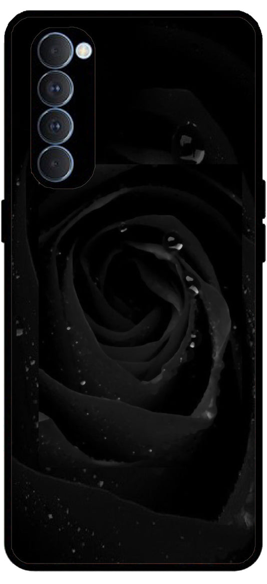 Black Flower Unbreakable Metal Back Case Mobile Cover with 4 Side Protection and Soft TPU Sides for RENO4 PRO