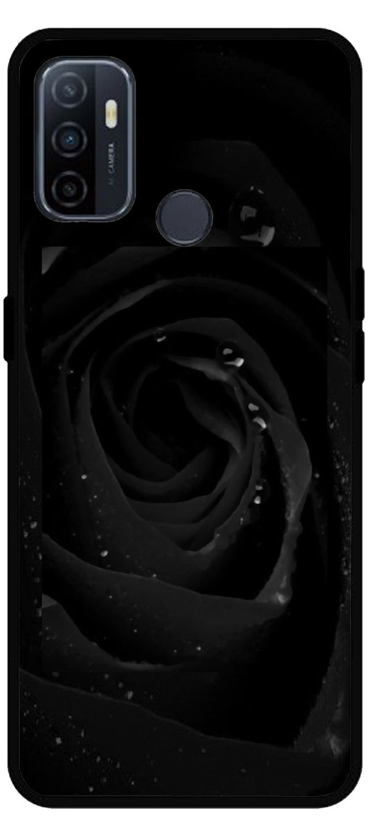 Black Flower Unbreakable Metal Back Case Mobile Cover with 4 Side Protection and Soft TPU Sides for Oppo A53