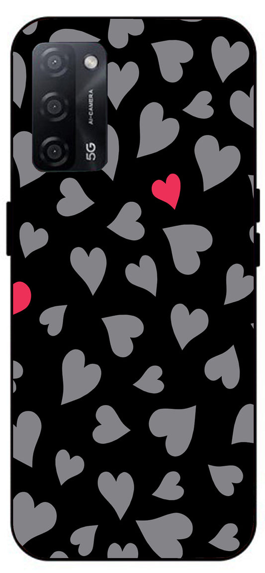 Little Heart Pink Grey Unbreakable Metal Back Case Mobile Cover with 4 Side Protection and Soft TPU Sides for Oppo A53s 5G