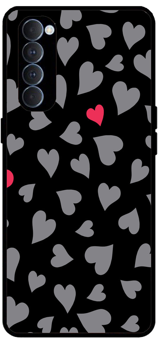 Little Heart Pink Grey Unbreakable Metal Back Case Mobile Cover with 4 Side Protection and Soft TPU Sides for RENO4 PRO