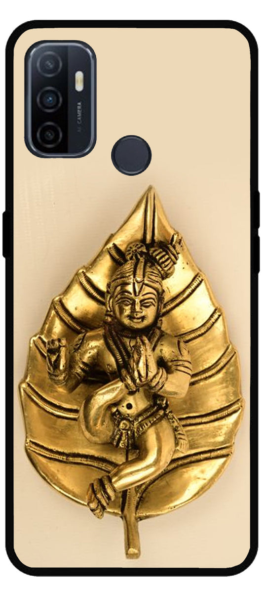 Kanha Ji Golden Leaf Unbreakable Metal Back Case Mobile Cover with 4 Side Protection and Soft TPU Sides for Oppo A53