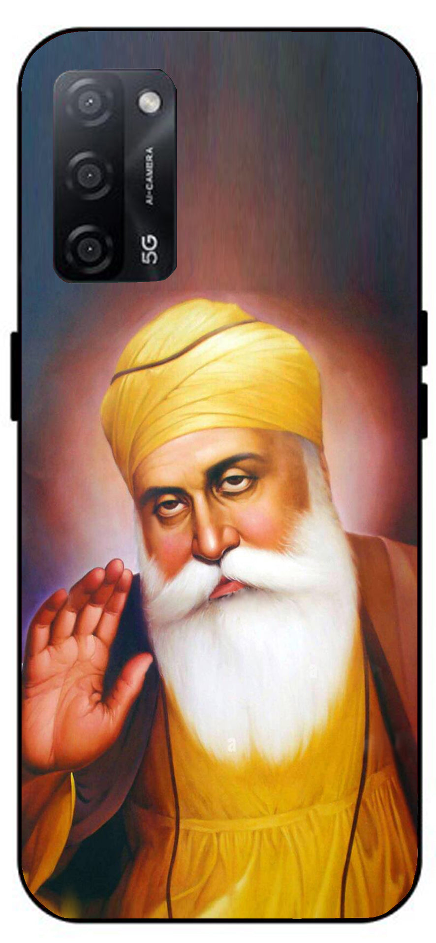 Guru Nanak Dev Ji Unbreakable Metal Back Case Mobile Cover with 4 Side Protection and Soft TPU Sides for Oppo A53s 5G