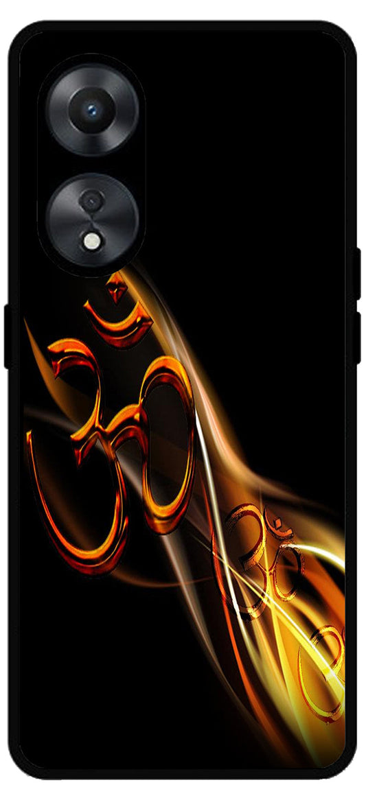 Om Symbol Golden Unbreakable Metal Back Case Mobile Cover with 4 Side Protection and Soft TPU Sides for Oppo a78 5g