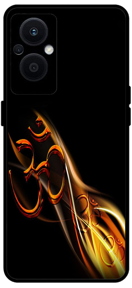 Om Symbol Golden Unbreakable Metal Back Case Mobile Cover with 4 Side Protection and Soft TPU Sides for OPPO F21 PRO 5G