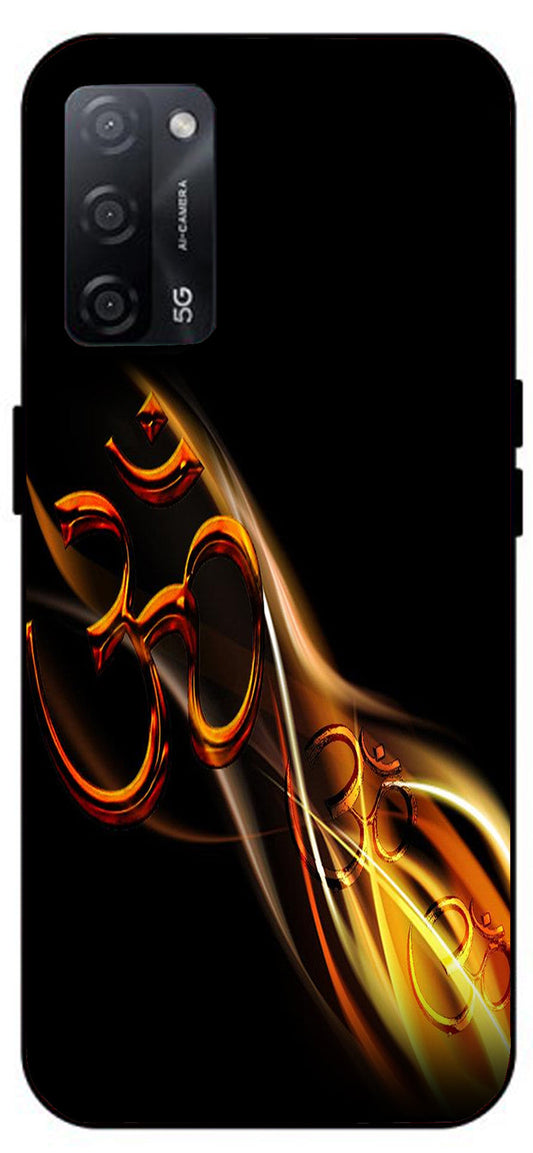 Om Symbol Golden Unbreakable Metal Back Case Mobile Cover with 4 Side Protection and Soft TPU Sides for Oppo A53s 5G